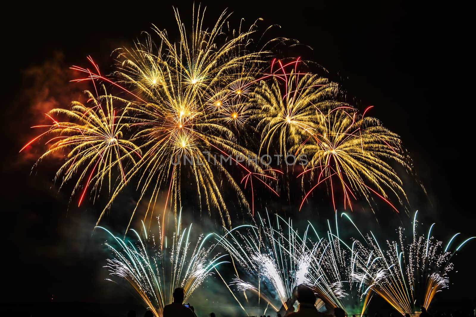 Colorful fireworks of various colors over night sky with spectators