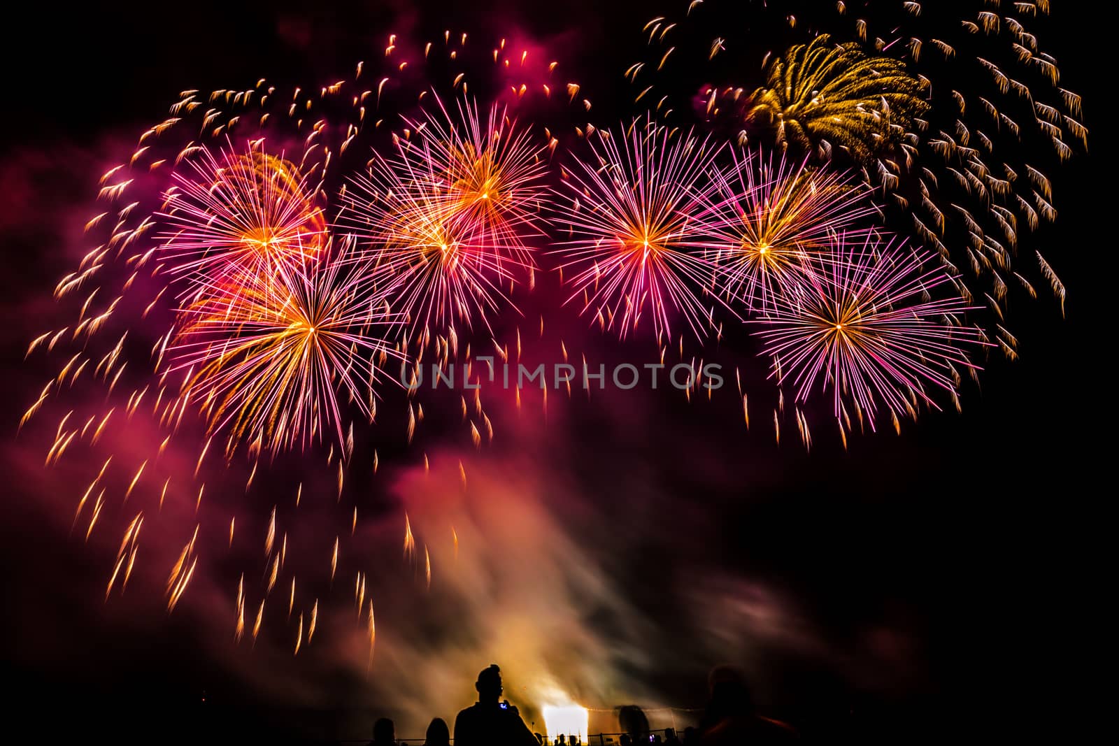 Colorful fireworks of various colors over night sky with spectators