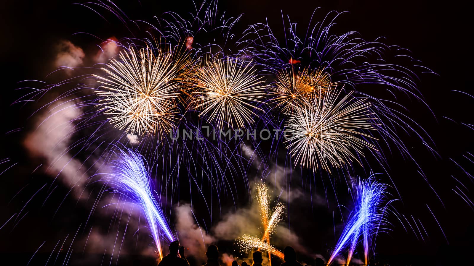 Colorful fireworks of various colors over night sky with spectators