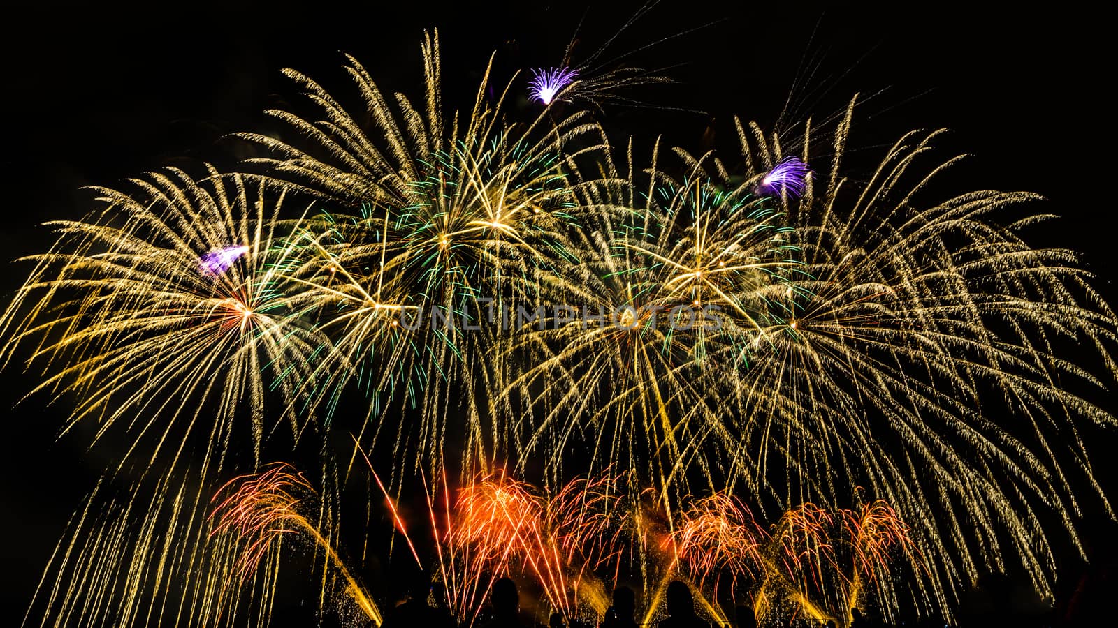 Colorful fireworks of various colors over night sky with spectators