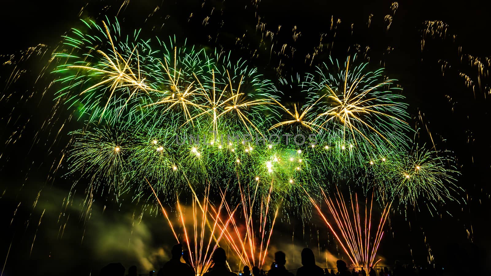 Colorful fireworks of various colors over night sky with spectators