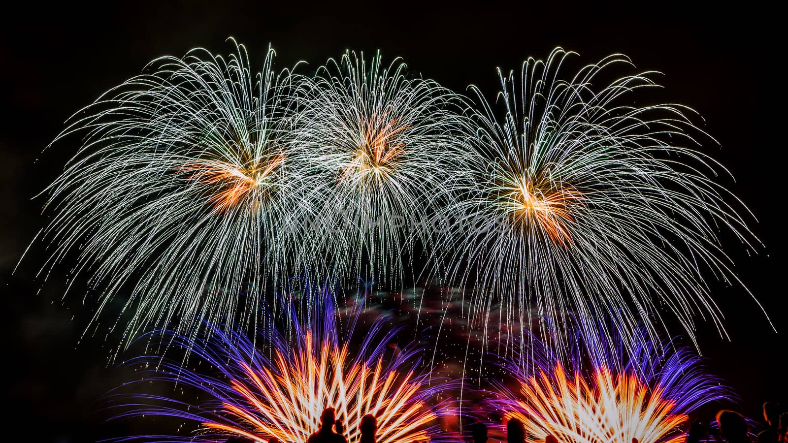 Colorful fireworks of various colors over night sky with spectators