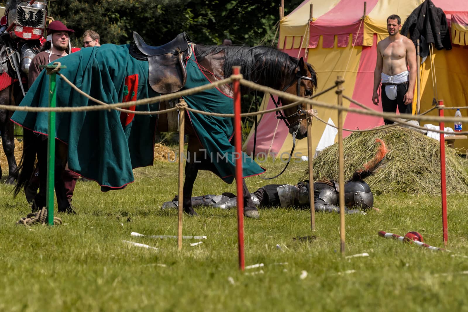 CHORZOW,POLAND, JUNE 9: Medieval knight defeated in jousting dur by Attila