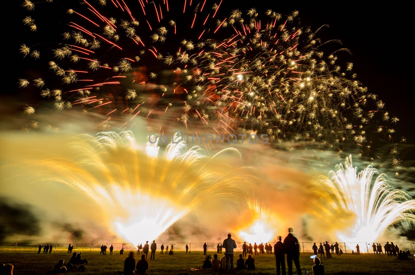 Colorful fireworks of various colors over night sky with spectators