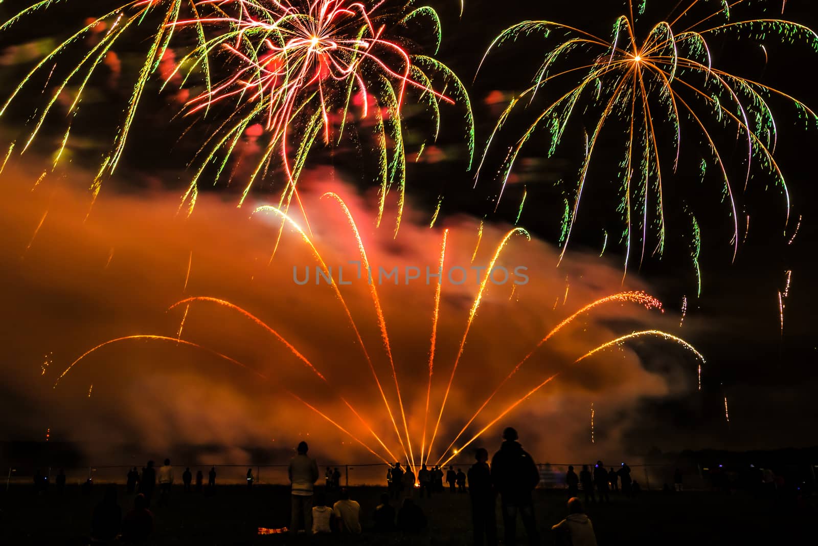 Colorful fireworks of various colors over night sky with spectators