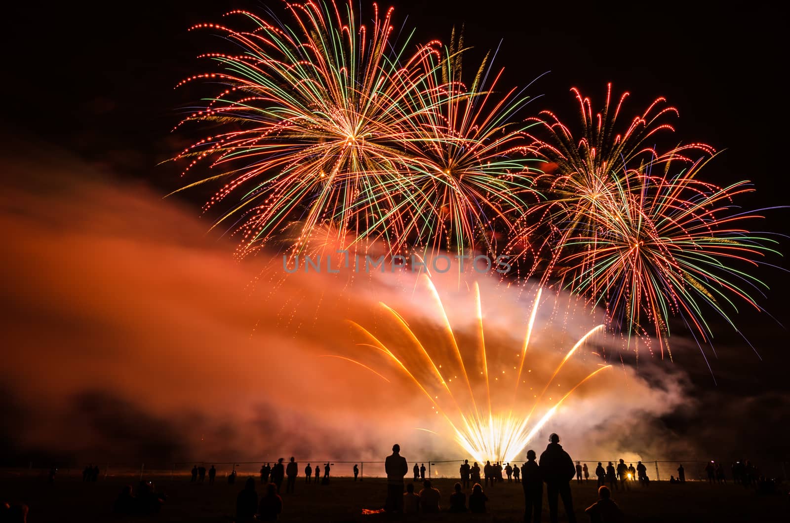 Colorful fireworks of various colors over night sky with spectators