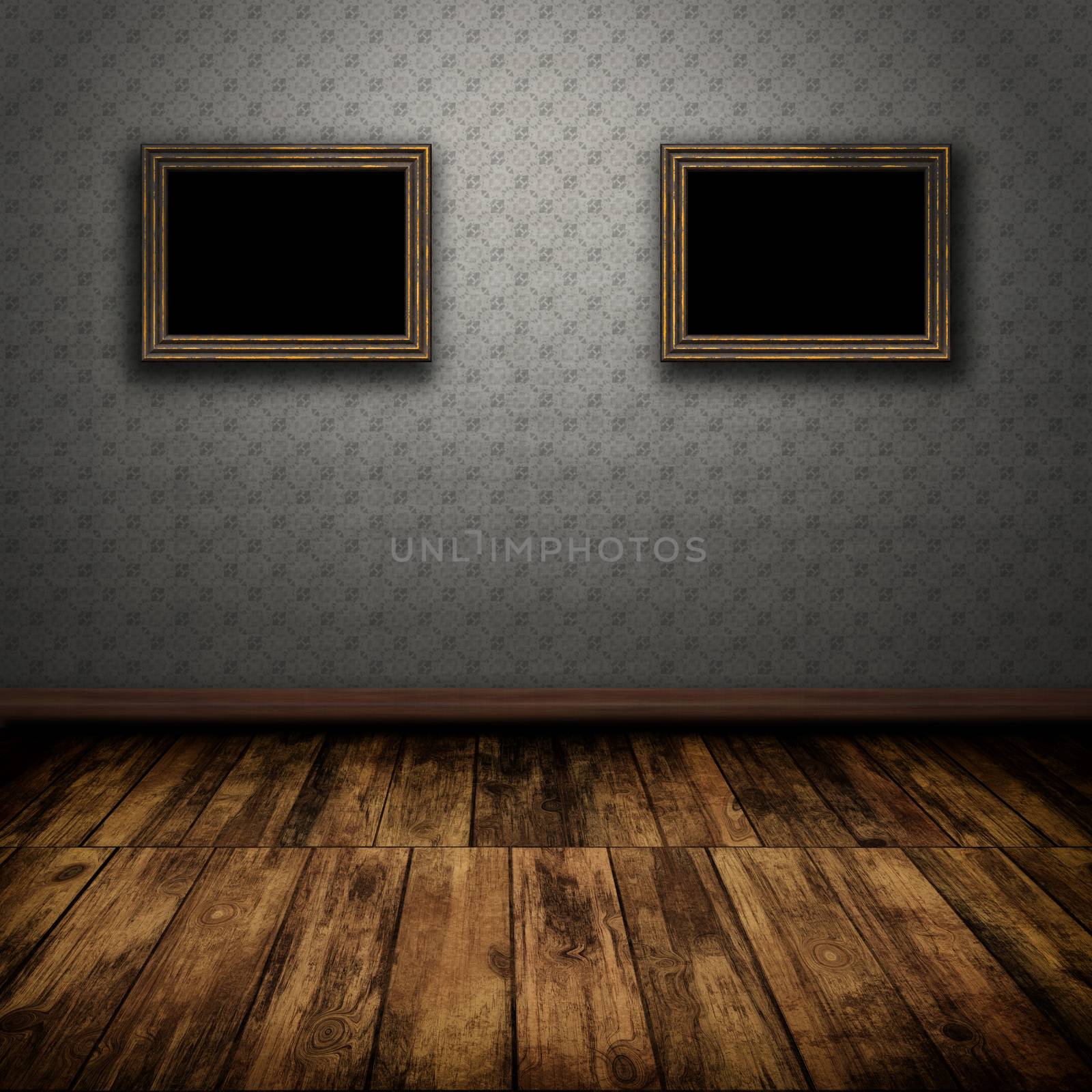 Dark vintage room with wooden floor and old frames on the wall