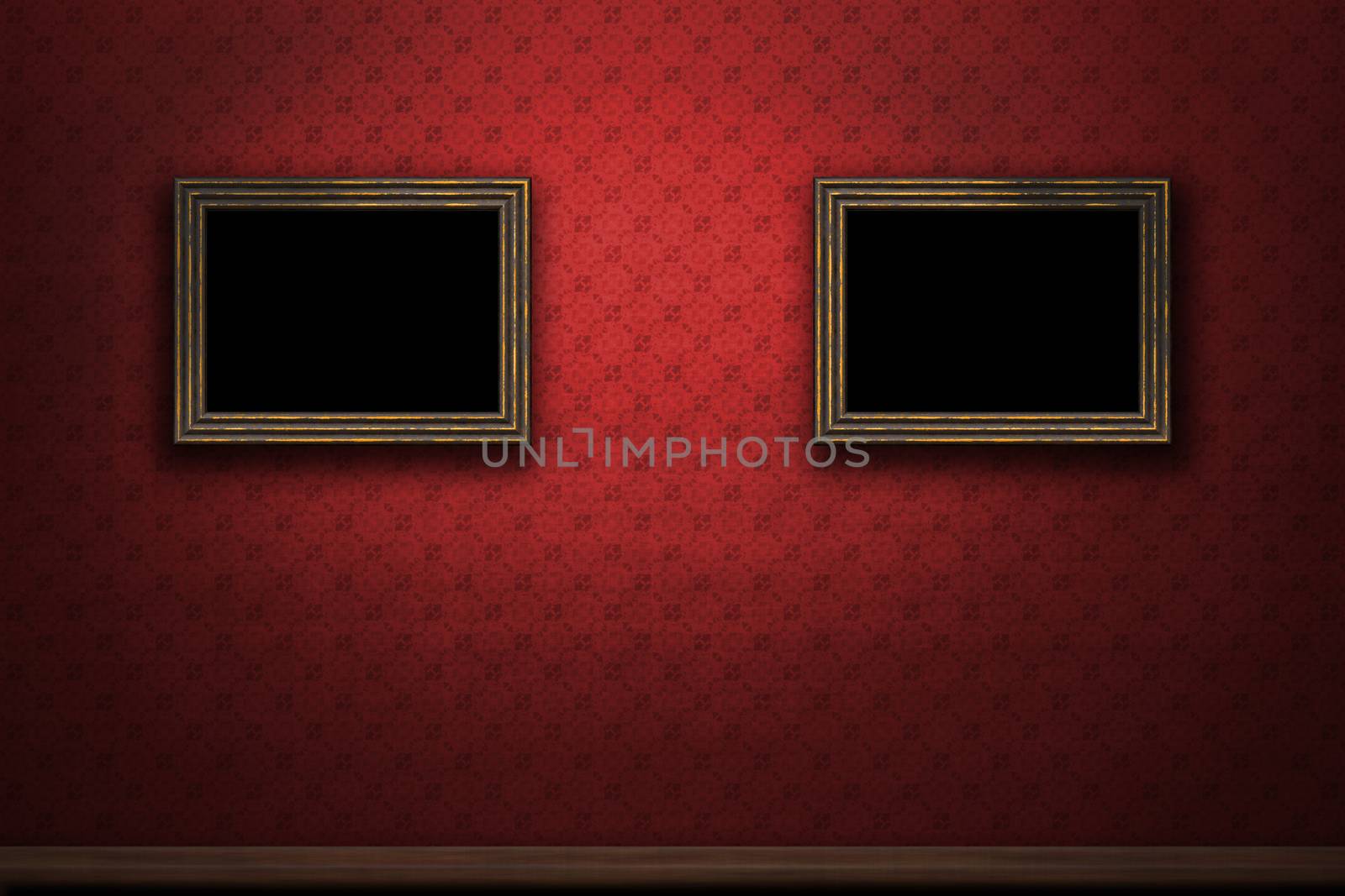 Old wooden frames on red retro grunge wall by Attila