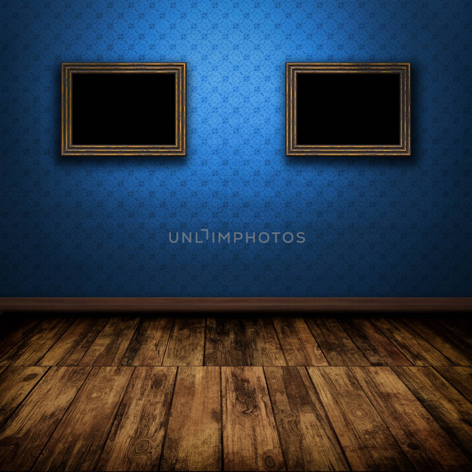 Dark vintage room with wooden floor and old frames on the wall