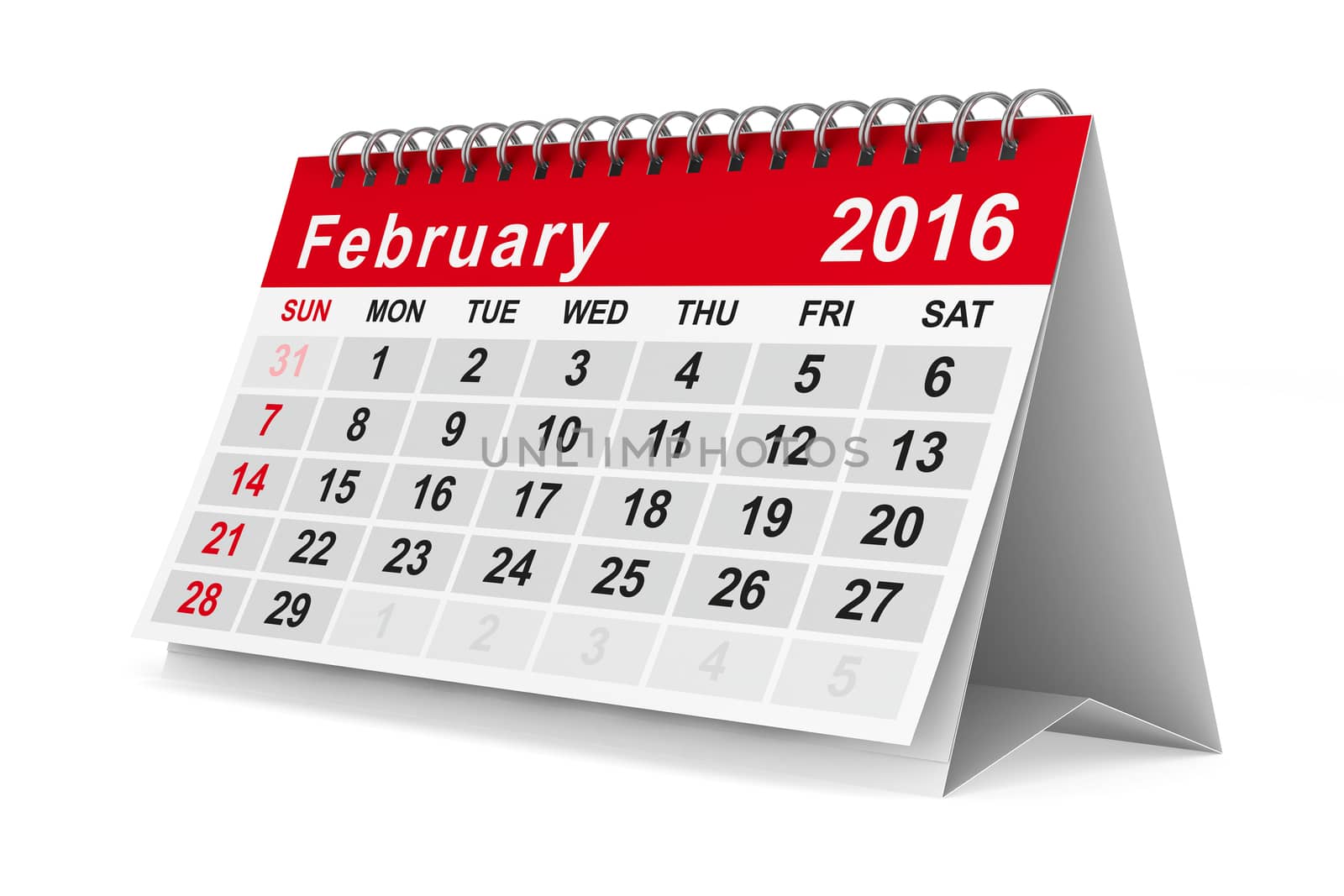 2016 year calendar. February. Isolated 3D image