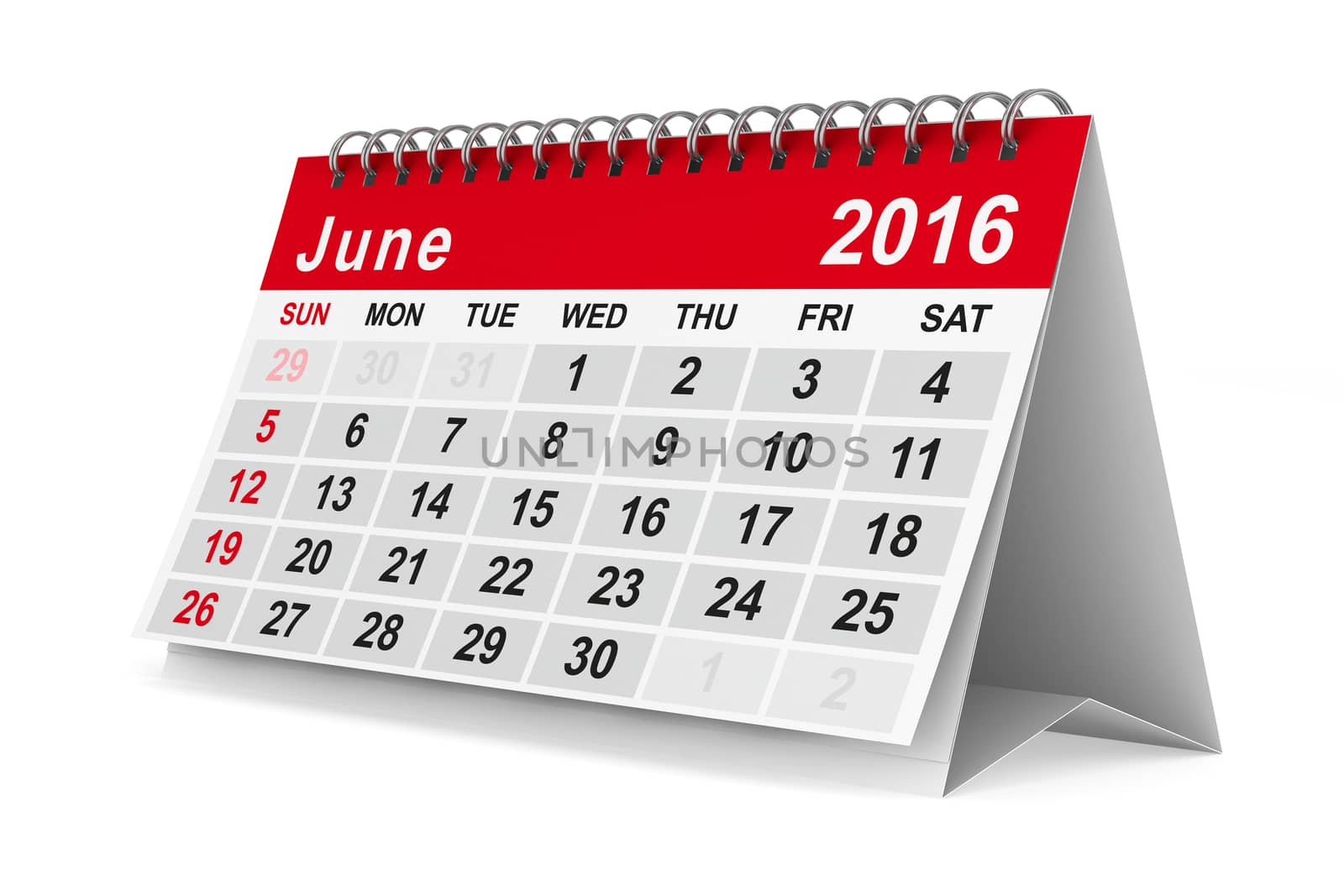 2016 year calendar. June. Isolated 3D image