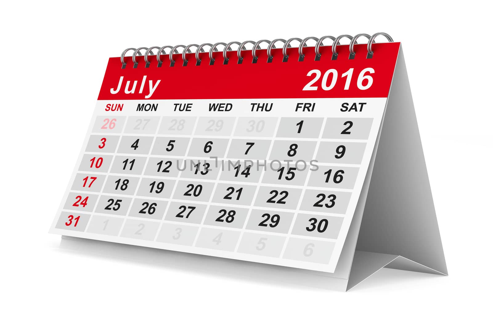 2016 year calendar. July. Isolated 3D image