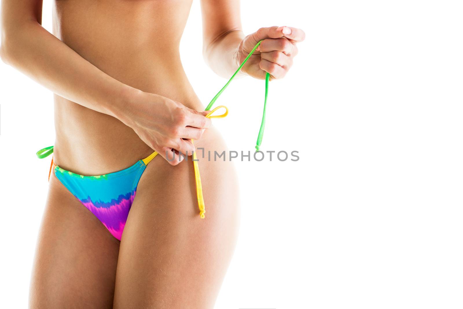 Woman associated swimsuit. Close-up. Isolated on white background.