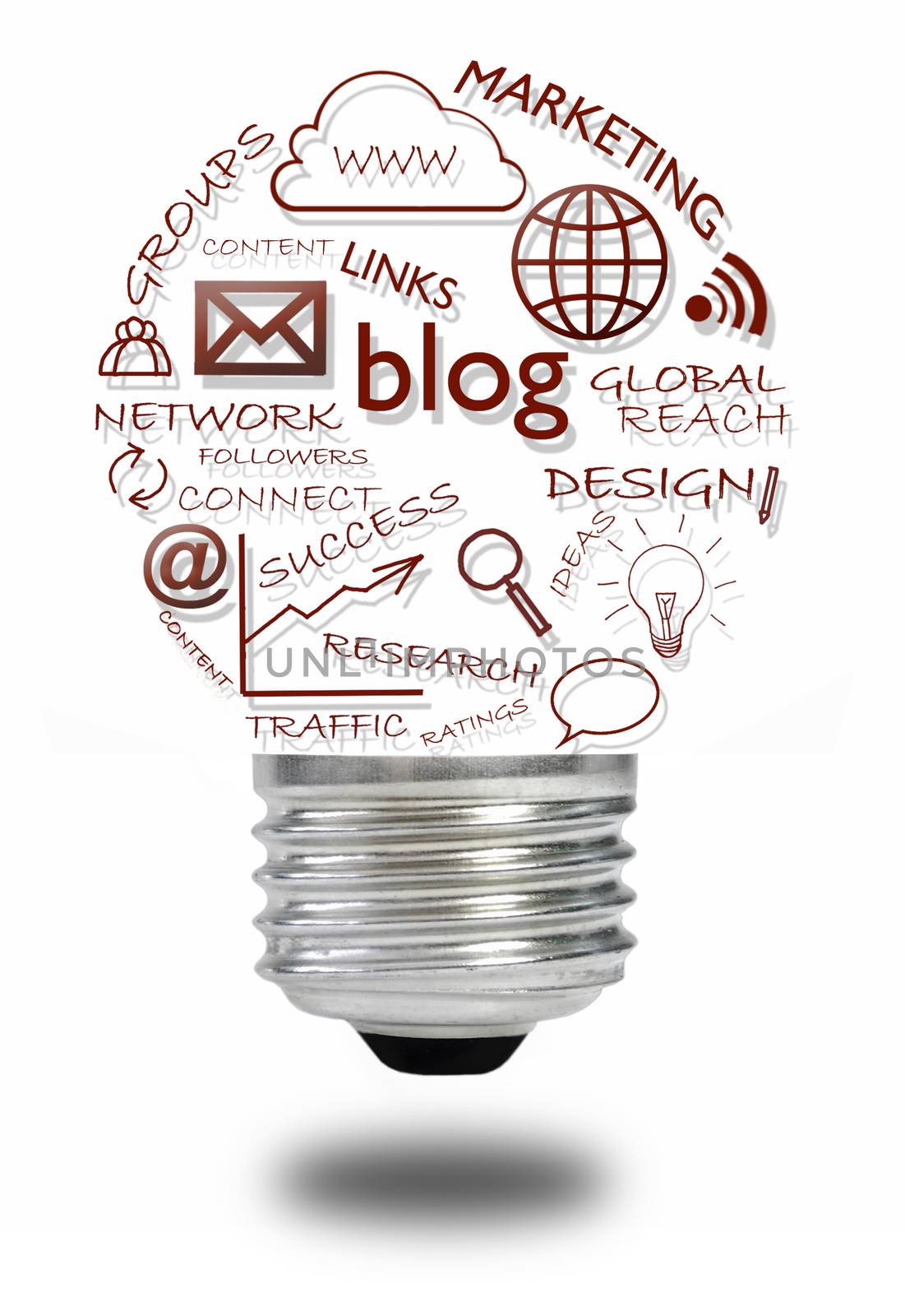 Blog and social media icons light bulb over a white background