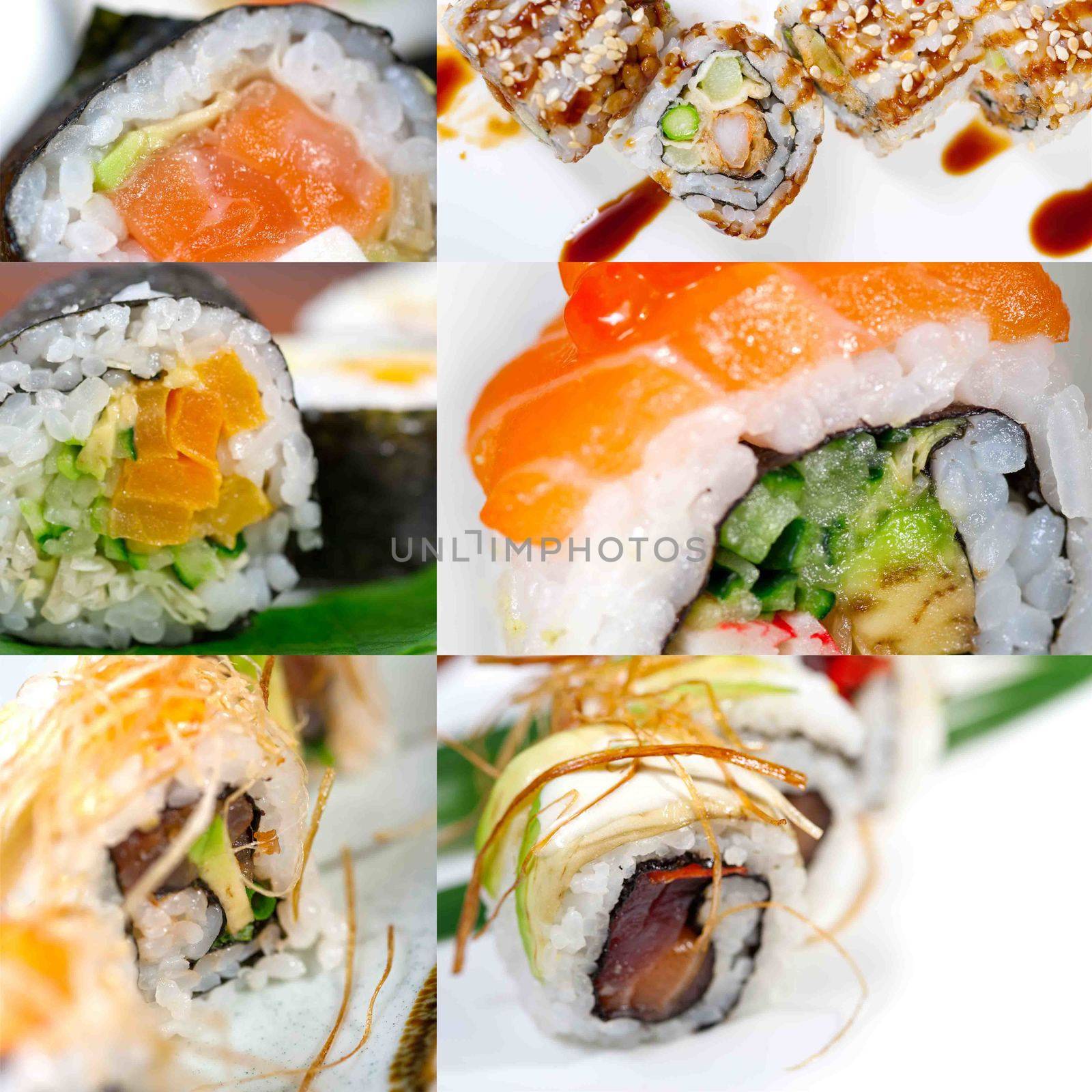 selection of many Japanese sushi dish collage over white frame 