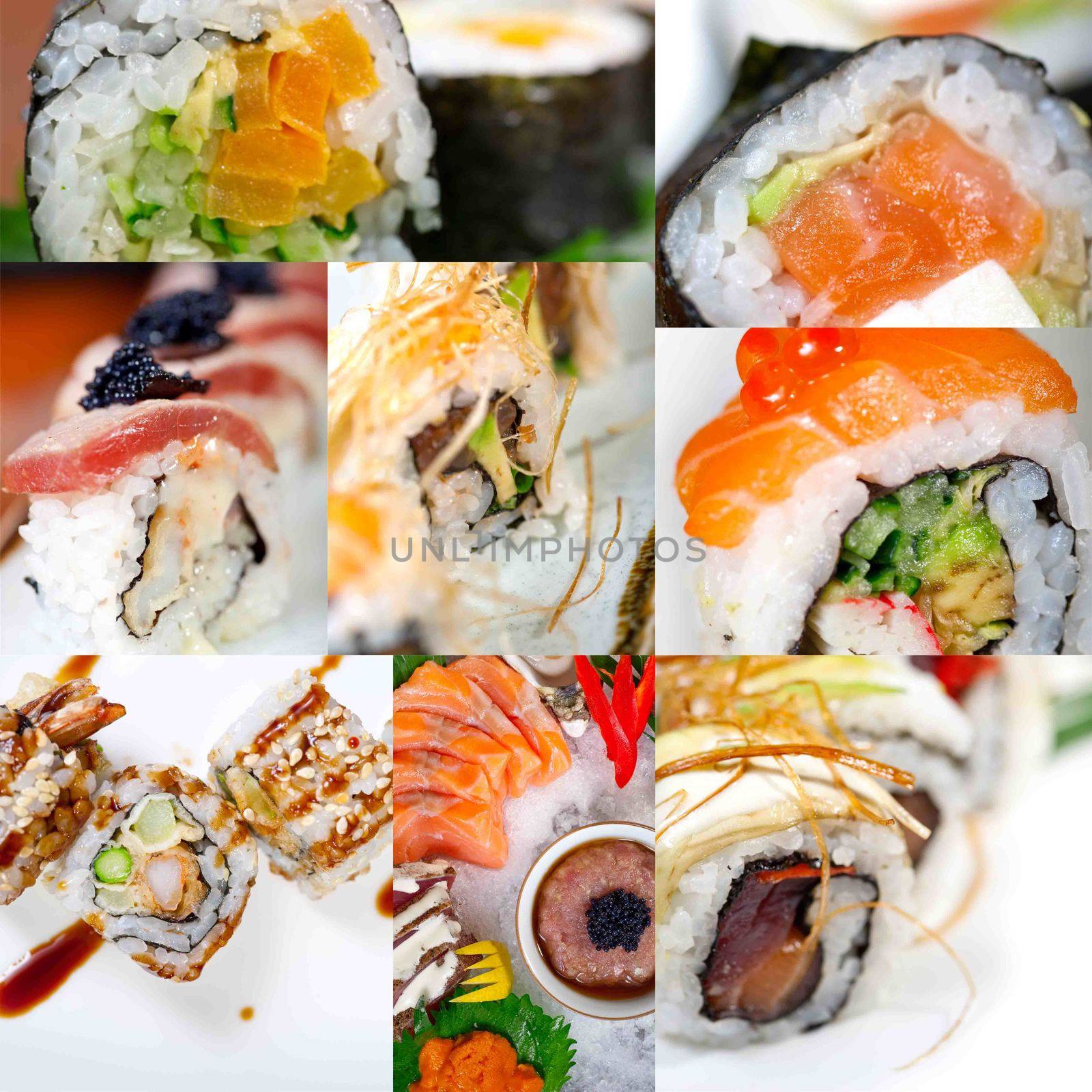 selection of many Japanese sushi dish collage over white frame 