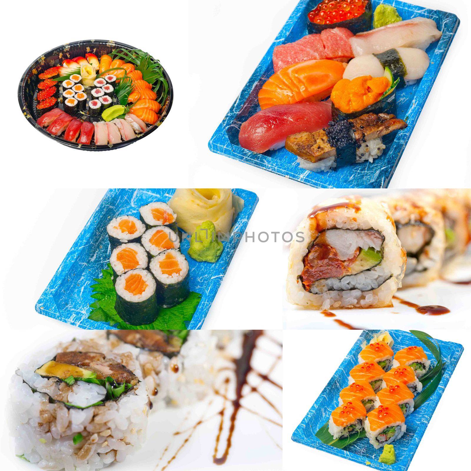 selection of many Japanese sushi dish collage over white frame 