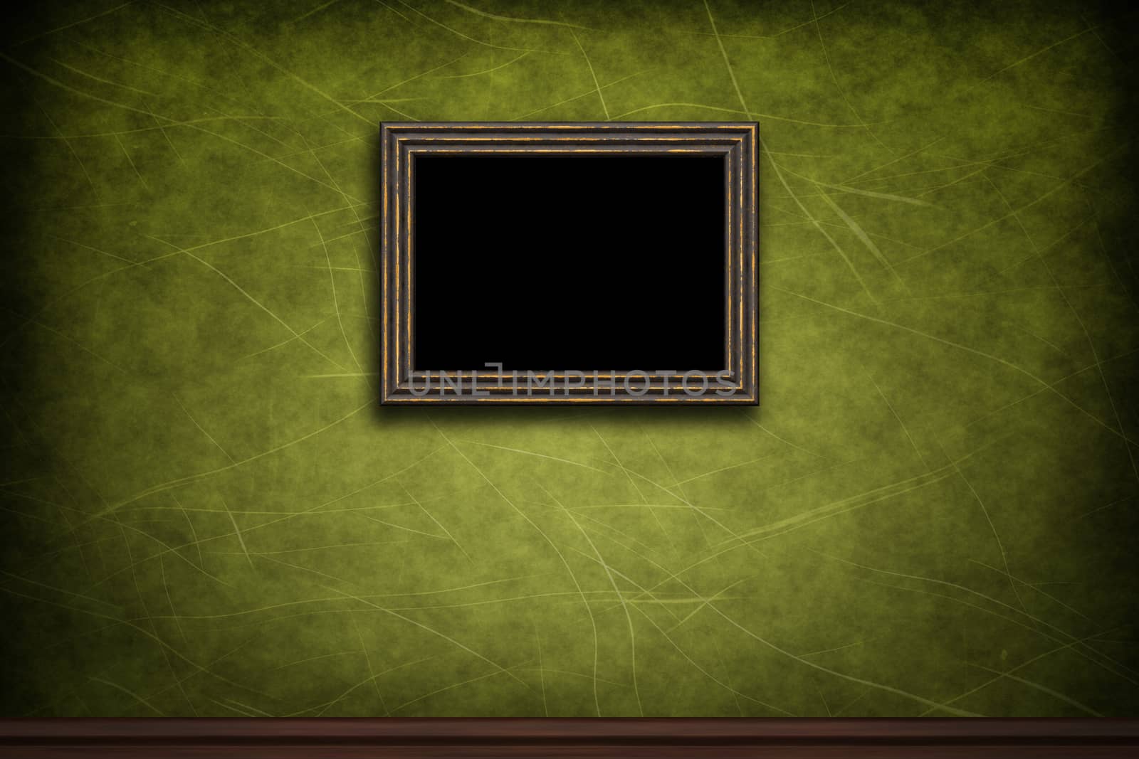Old wooden frame on green retro grunge wall