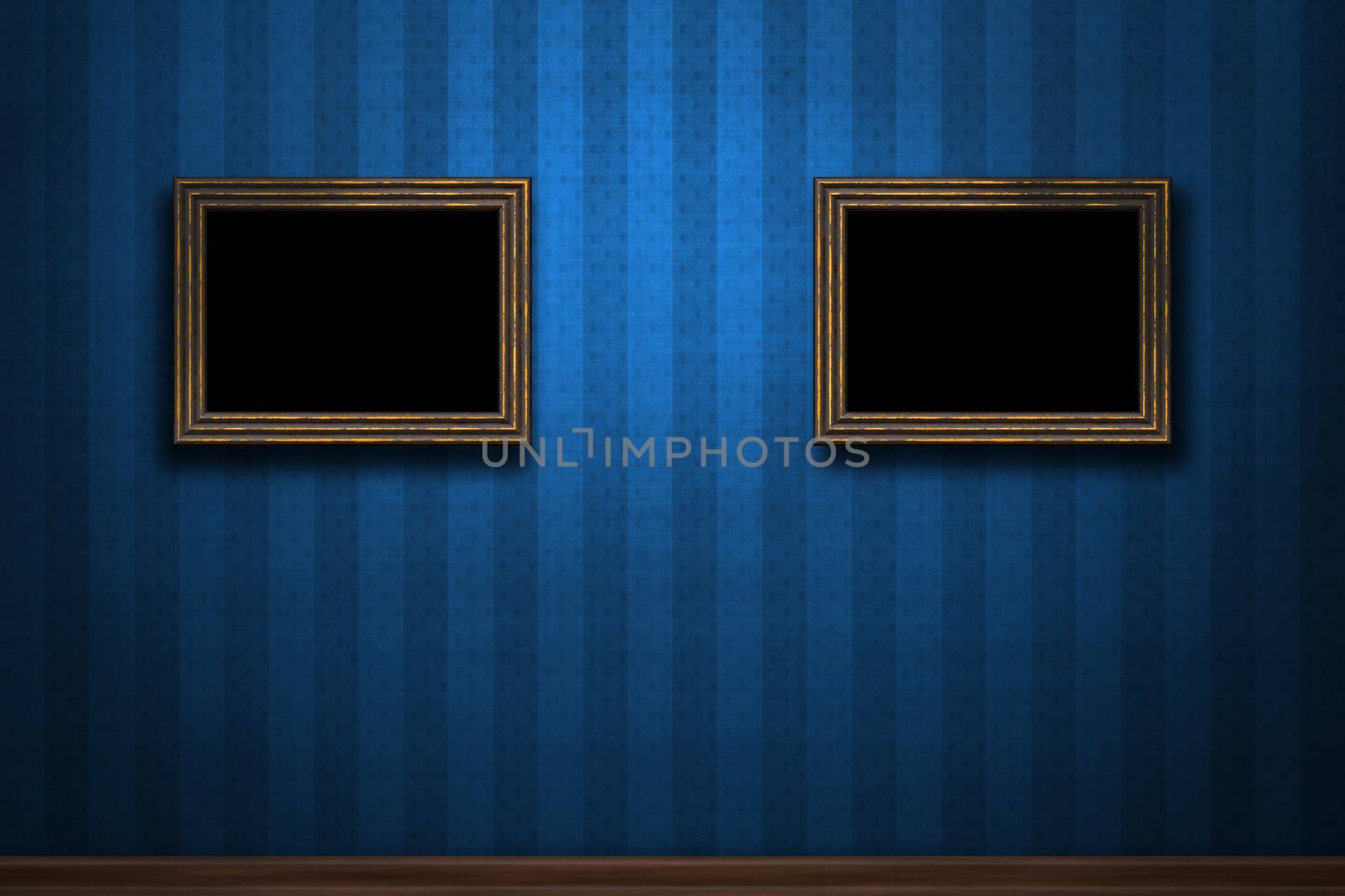 Old wooden frames on blue retro grunge wall