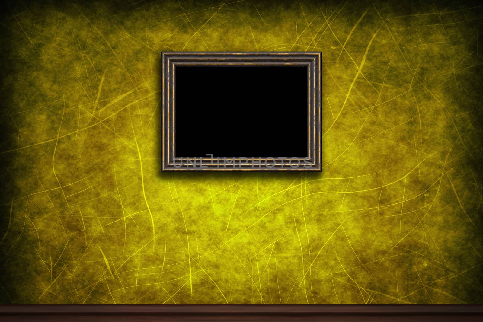 Old wooden frame on yellow retro grunge wall