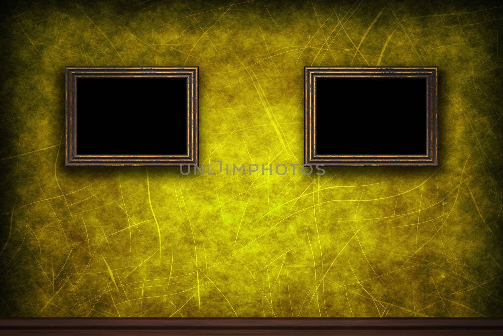 Old wooden frames on yellow retro grunge wall