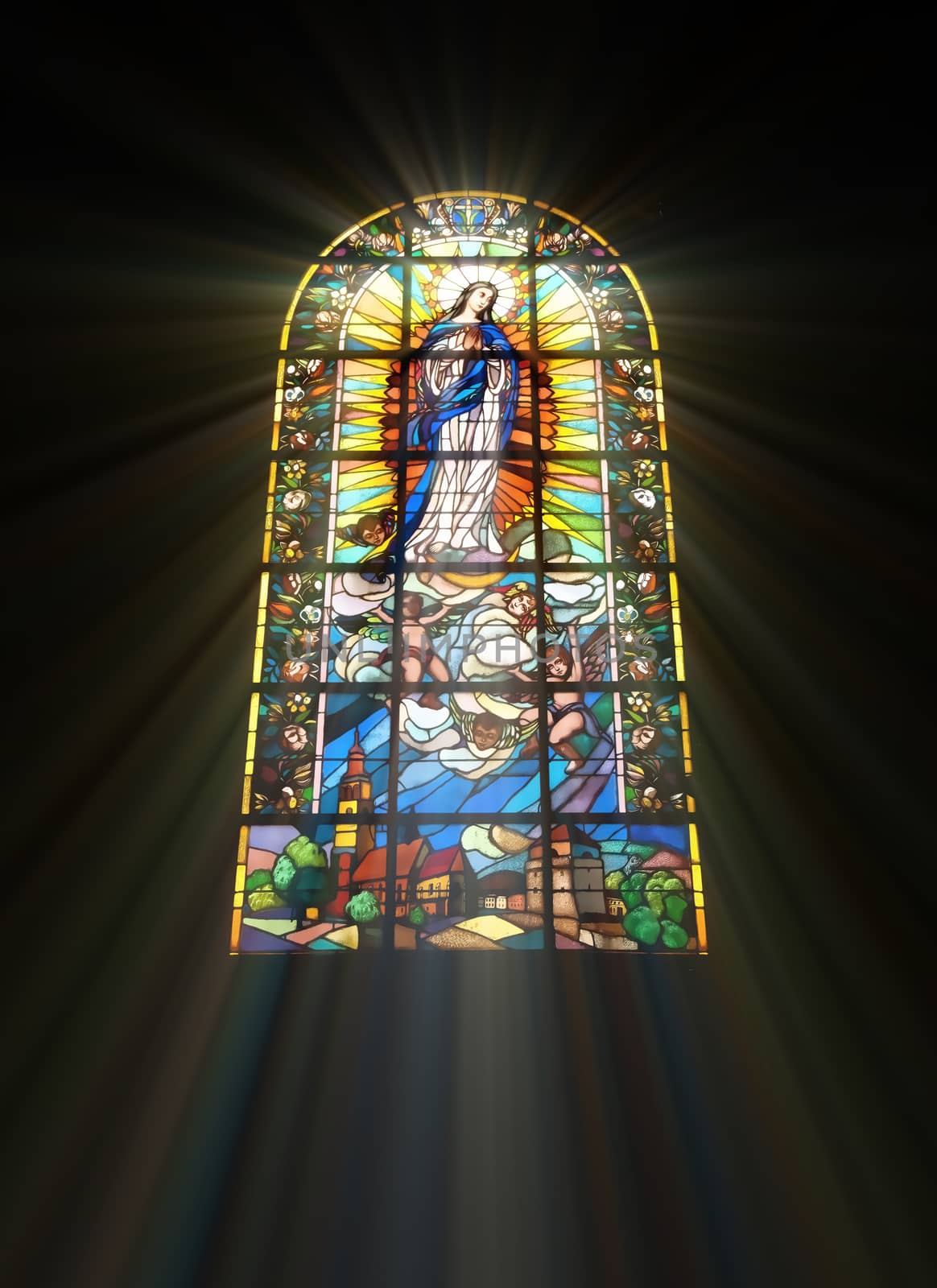 Biblical stained glass with rays of light shining through by Attila