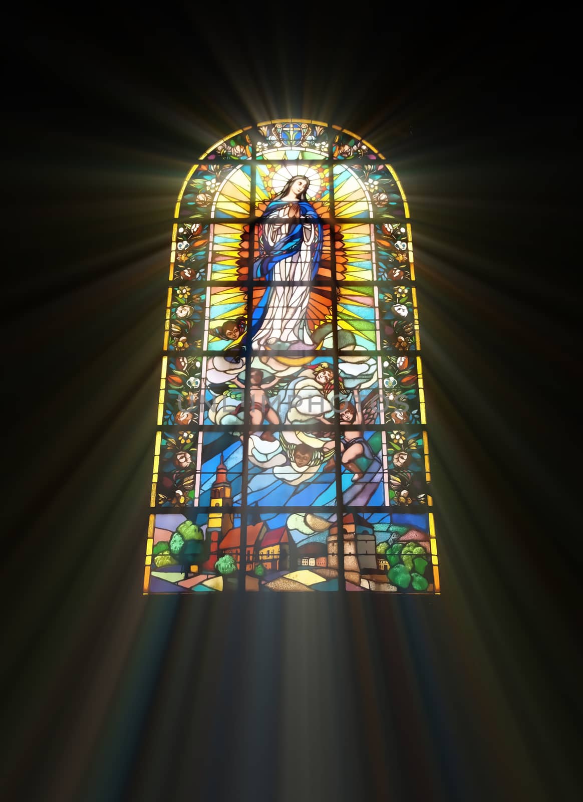 Biblical stained glass with rays of light shining through