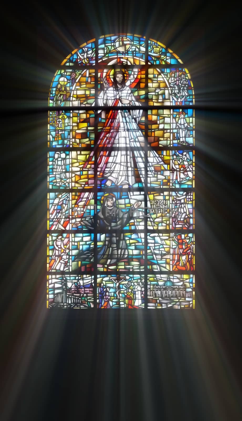 Biblical stained glass with rays of light shining through by Attila