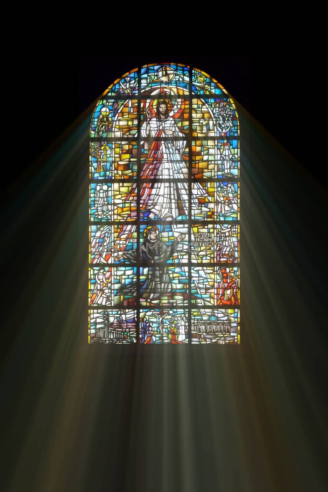 Biblical stained glass with rays of light shining through by Attila