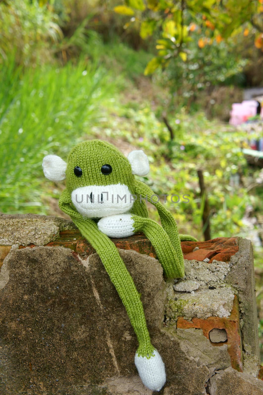 Abstract knitted monkey, symbol of year 2016, handmade toy from yarn, she lie down or sit lonely among nature, happy new year 2016, year of the monkey