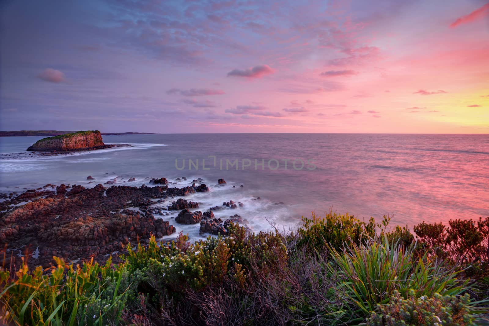 Pretty clouds light up at sunrise with views from the Minamurra headland overlooking the exposed volcanic rocks below and Stack Island.  Water and some foreground leaves in motion
