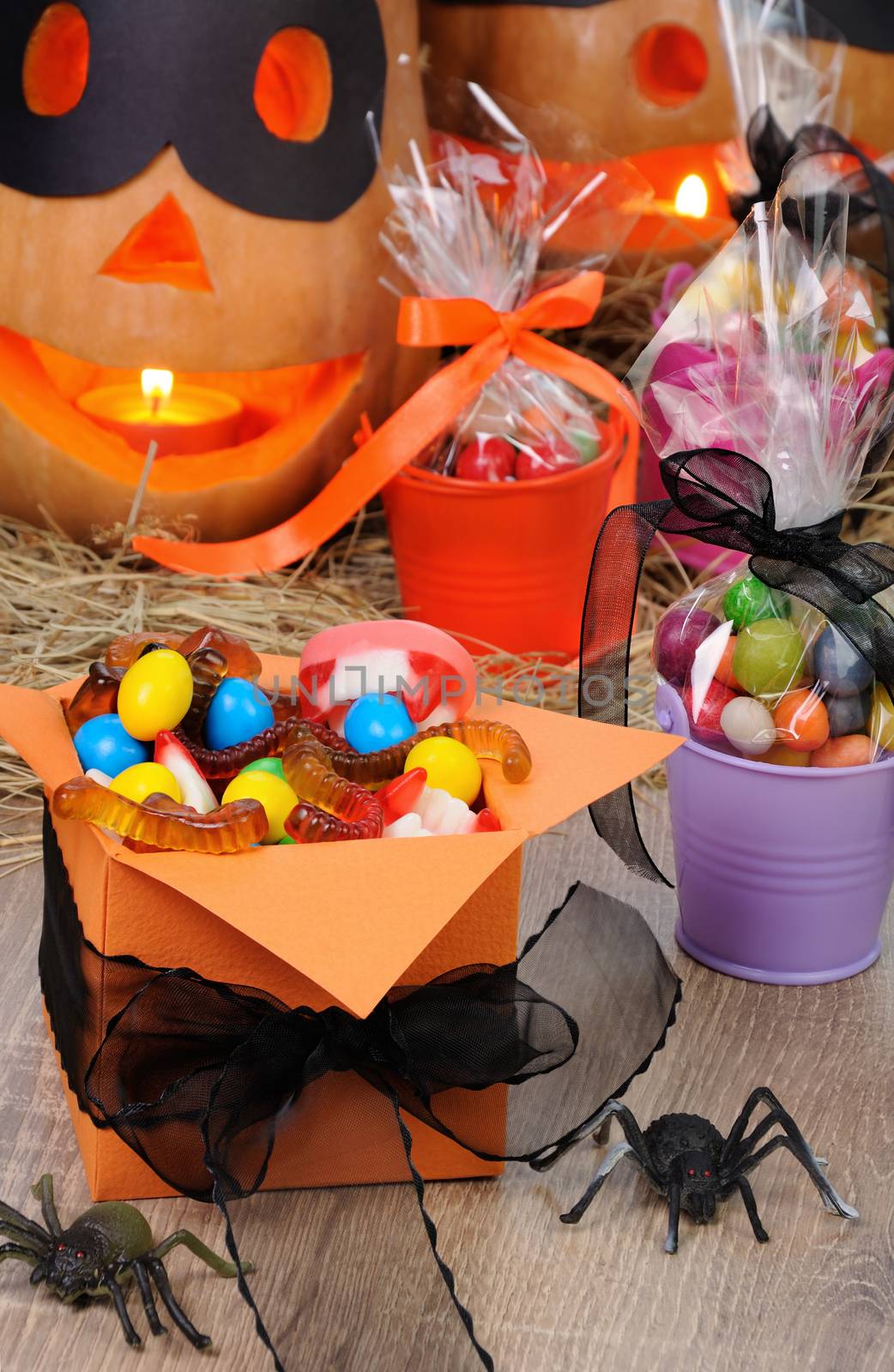 box filled with a variety of sweets on the table for Halloween