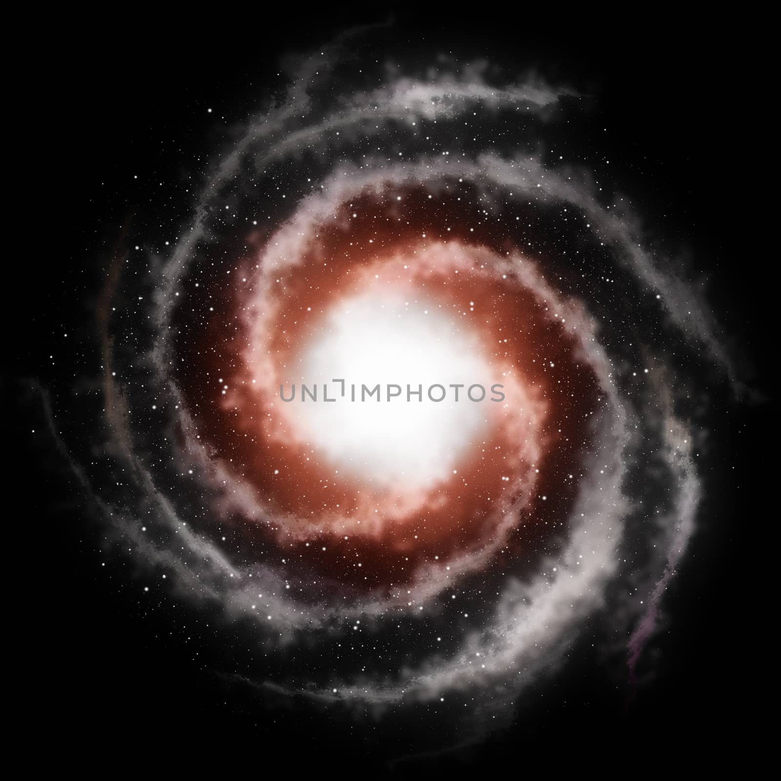 Dark red spiral galaxy against black space and stars in deep outer space