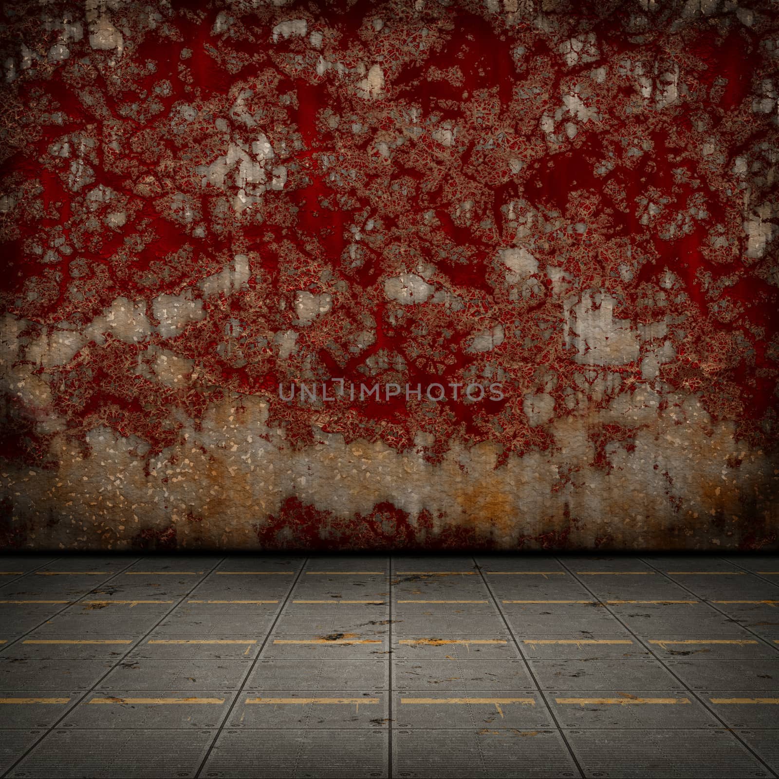 Grunge industrial interior with metal floor and old damaged wall