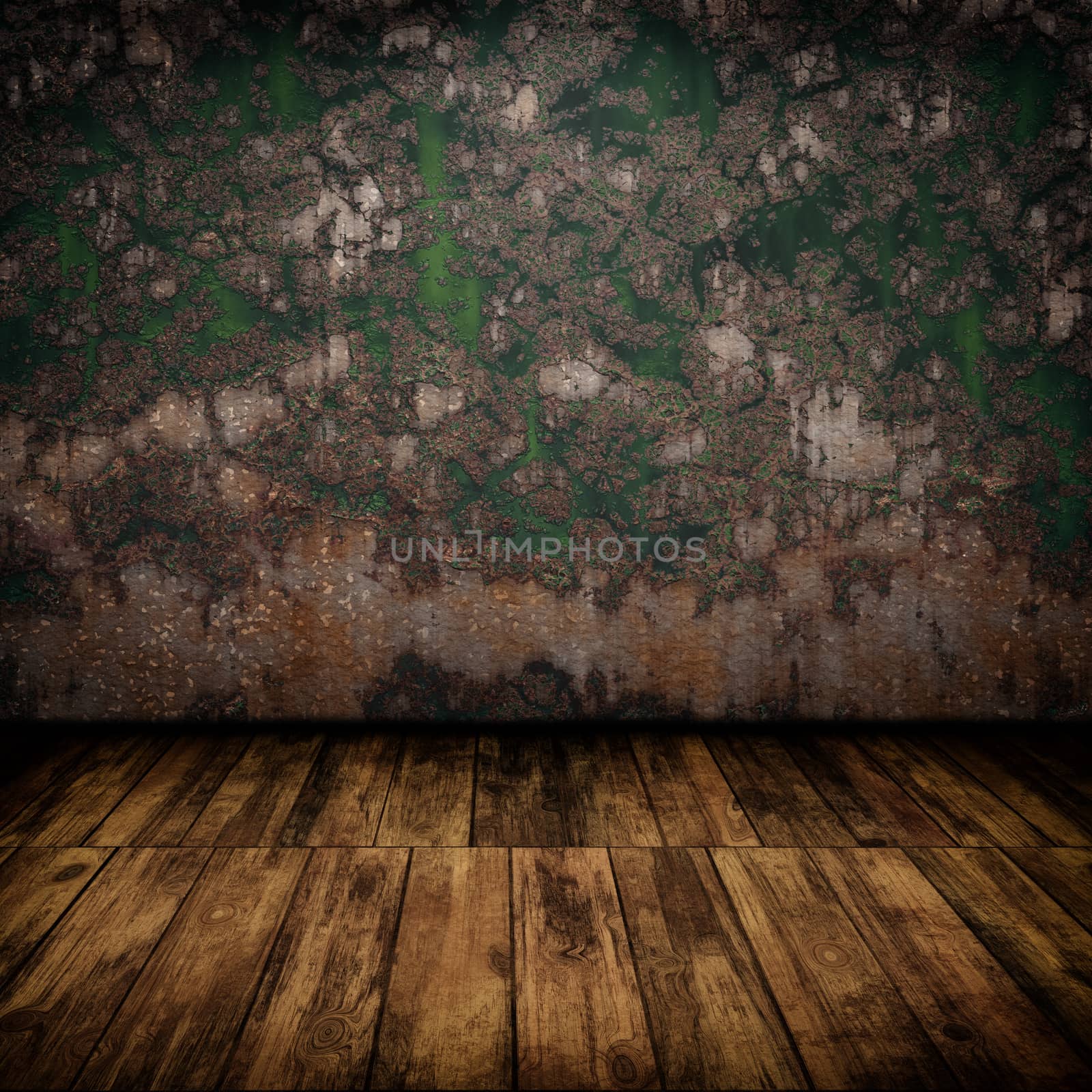 Grunge industrial interior with wooden floor and old damaged wall