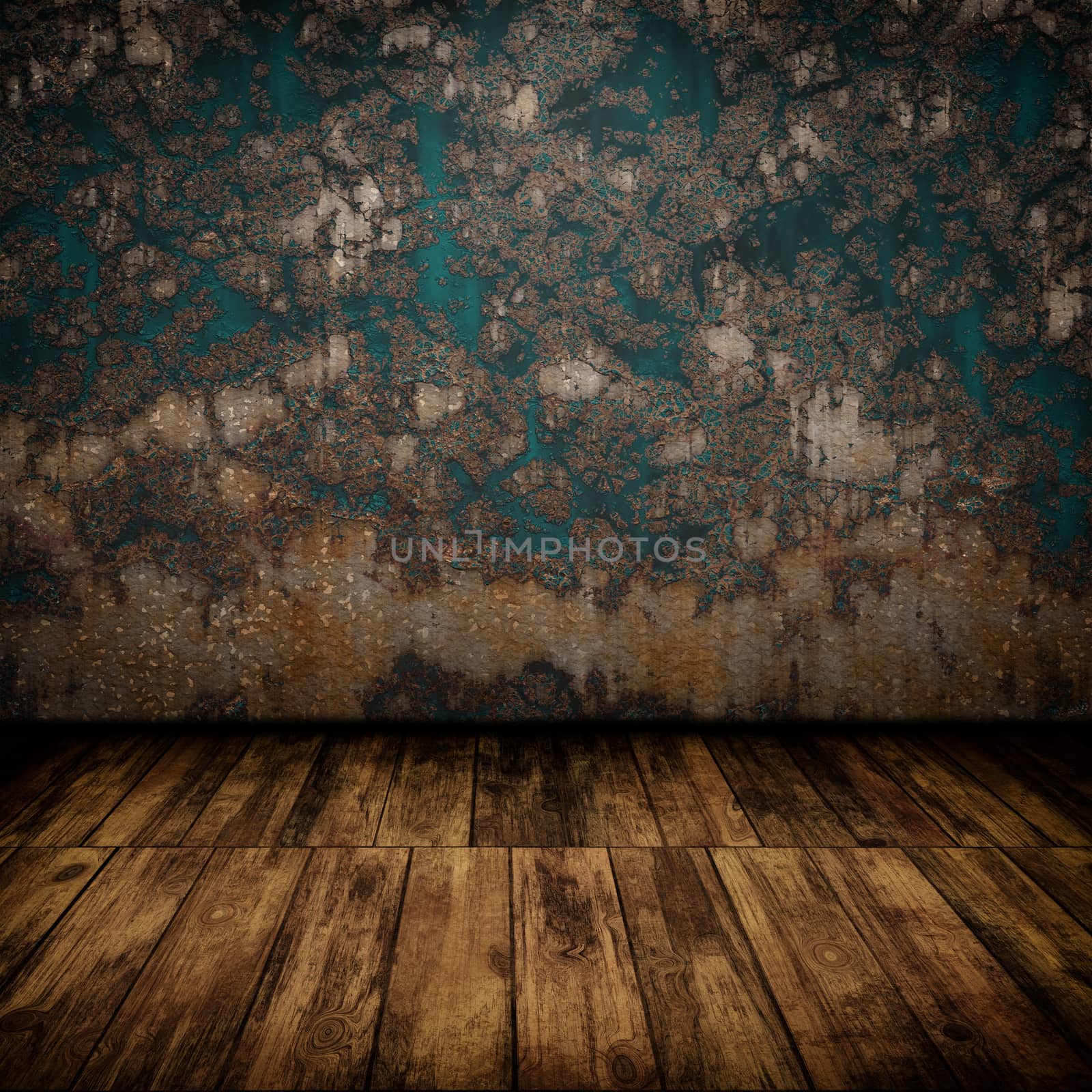 Grunge industrial interior with wooden floor and old damaged wall