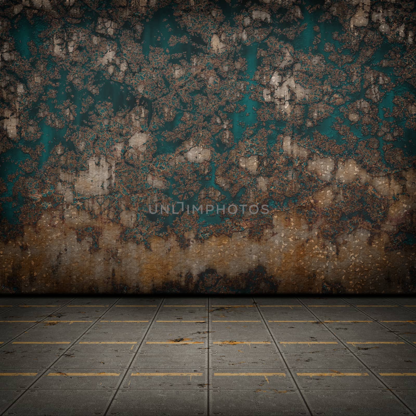 Grunge industrial interior with metal floor and old damaged wall