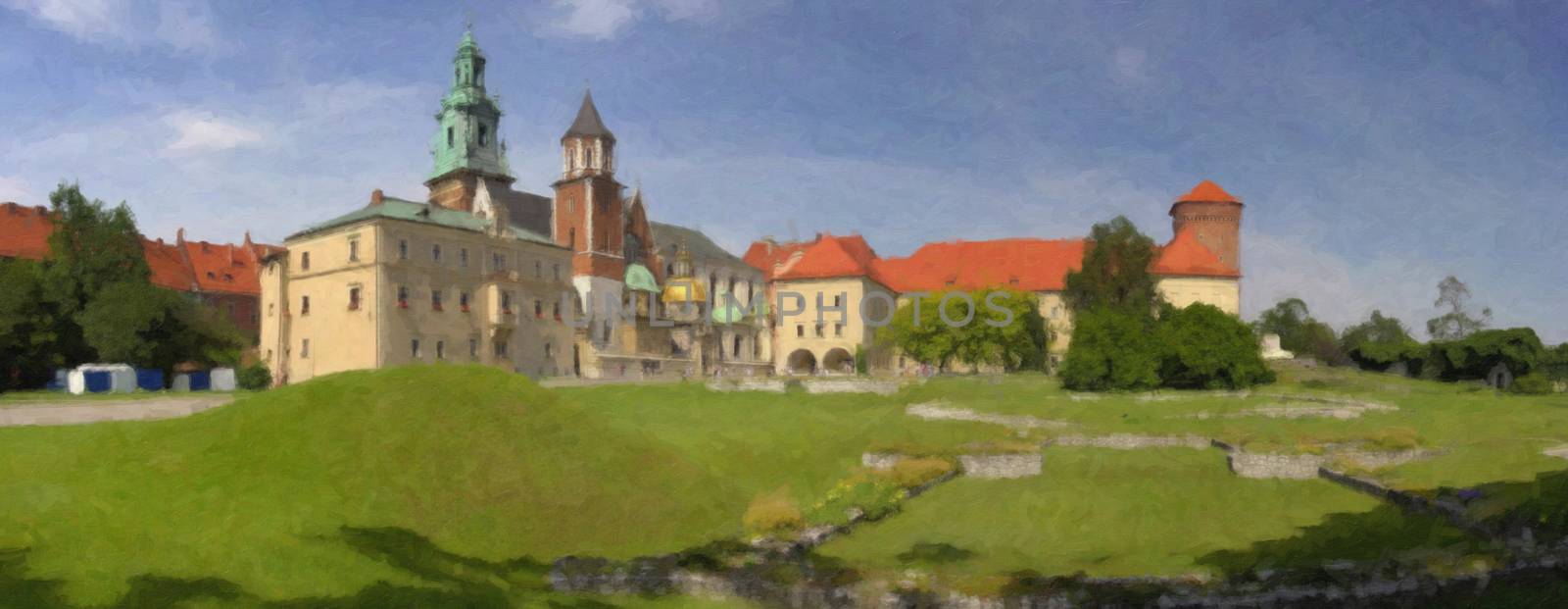 The Wawel Royal Castle in Cracow, Poland. Digitally created oil painting on a canvas.