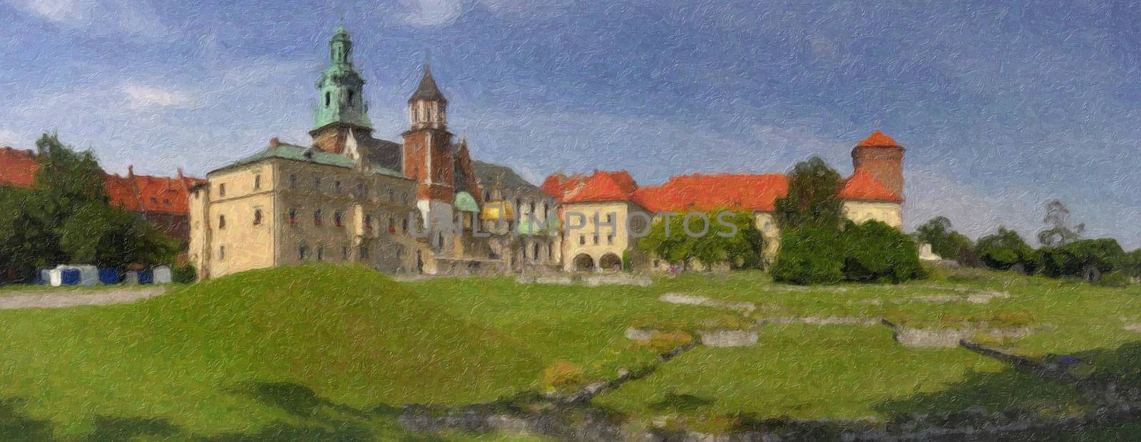 The Wawel Royal Castle in Cracow, Poland. Digitally created impasto painting on a canvas.