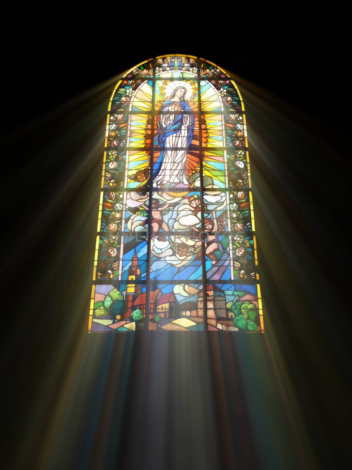 Biblical stained glass with rays of light shining through by Attila