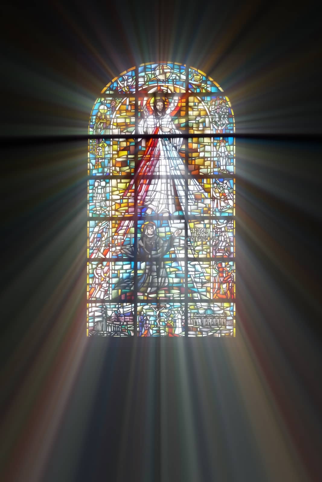 Biblical stained glass with rays of light shining through