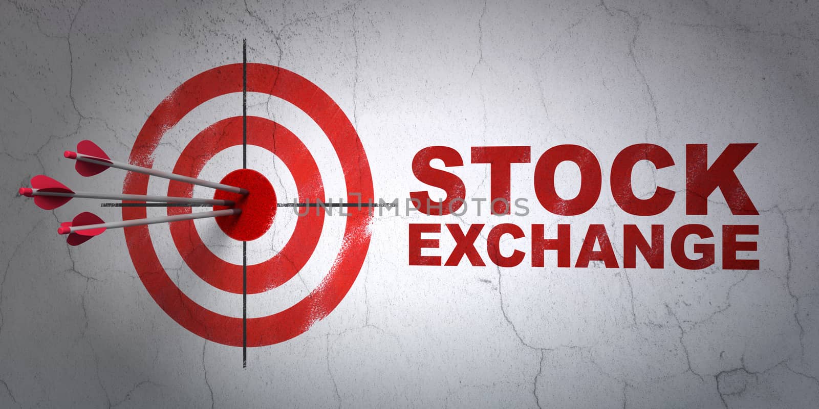 Success business concept: arrows hitting the center of target, Red Stock Exchange on wall background