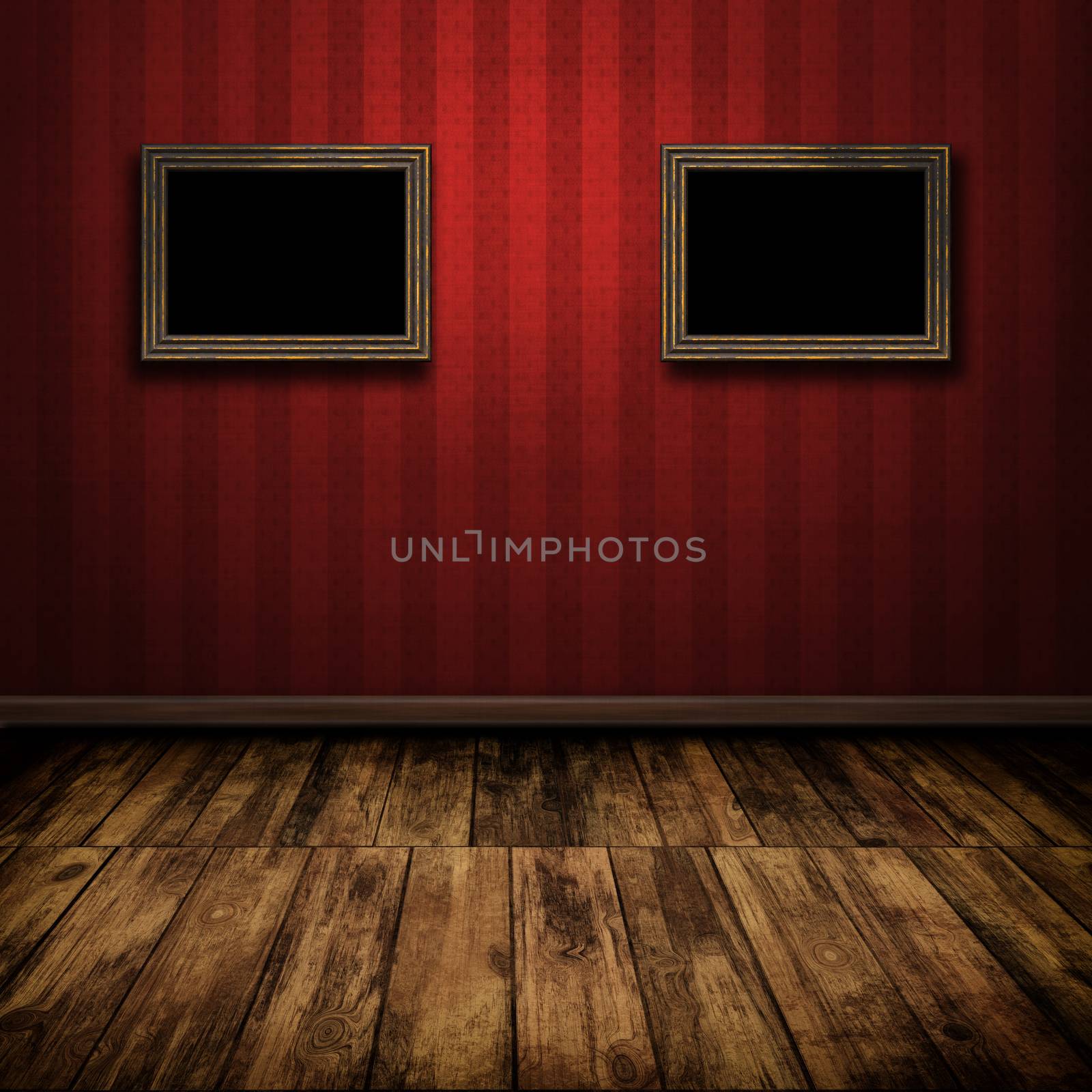 Dark vintage room with wooden floor and old frames on the wall