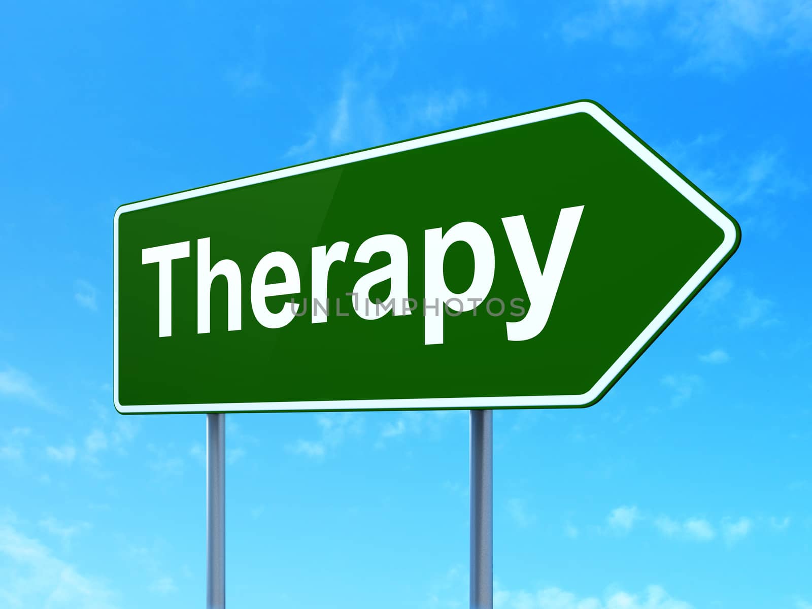 Medicine concept: Therapy on green road highway sign, clear blue sky background, 3d render