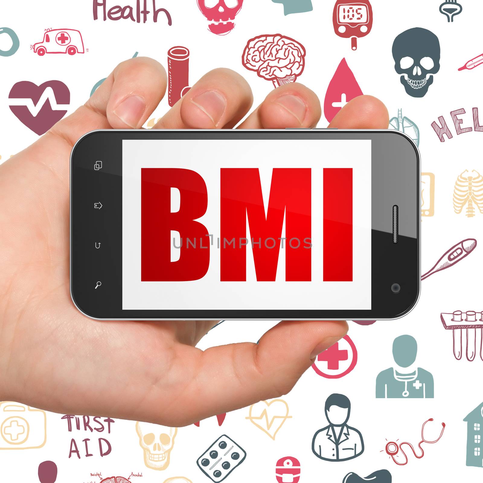 Medicine concept: Hand Holding Smartphone with  red text BMI on display,  Hand Drawn Medicine Icons background