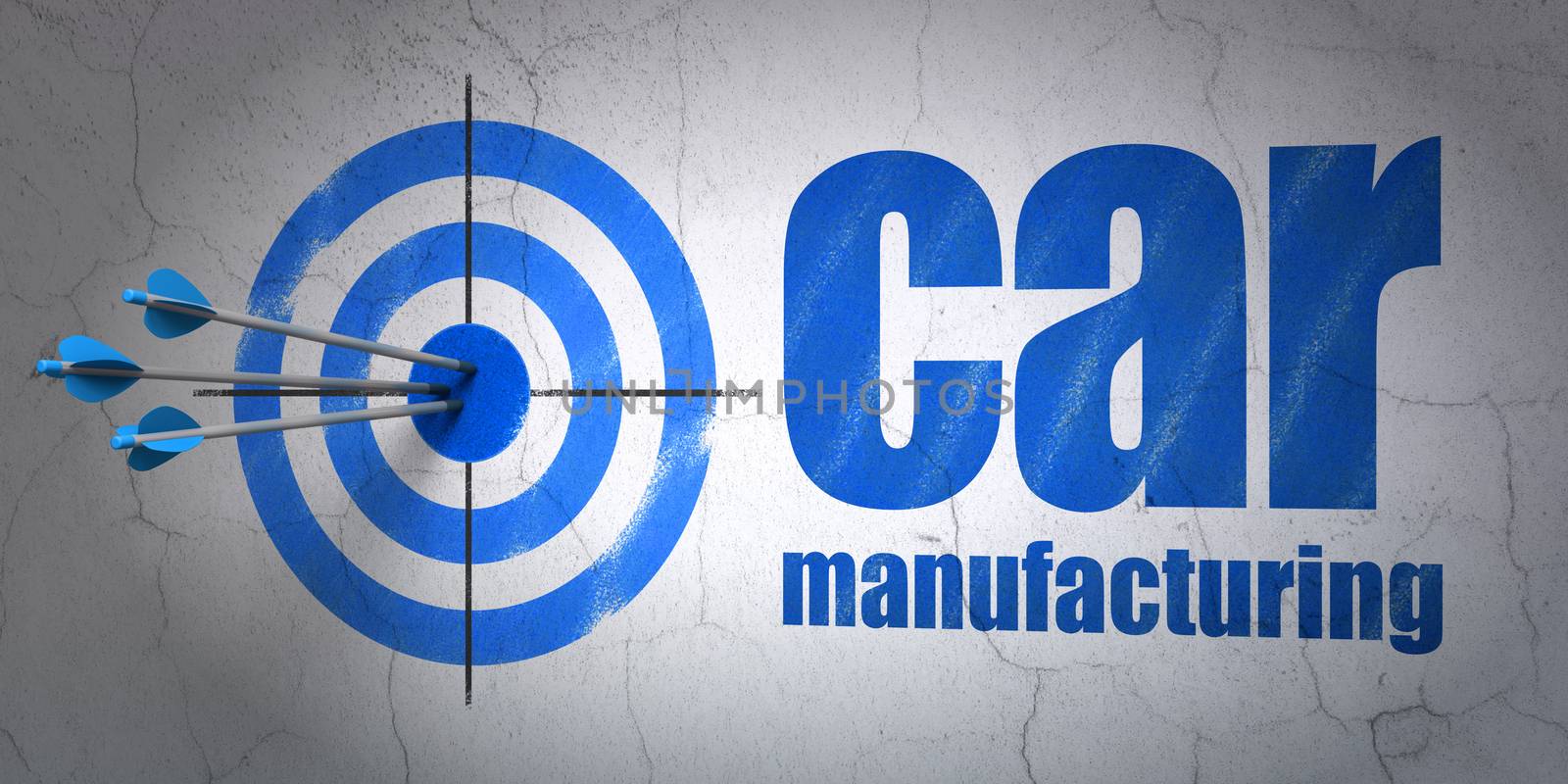 Success Industry concept: arrows hitting the center of target, Blue Car Manufacturing on wall background