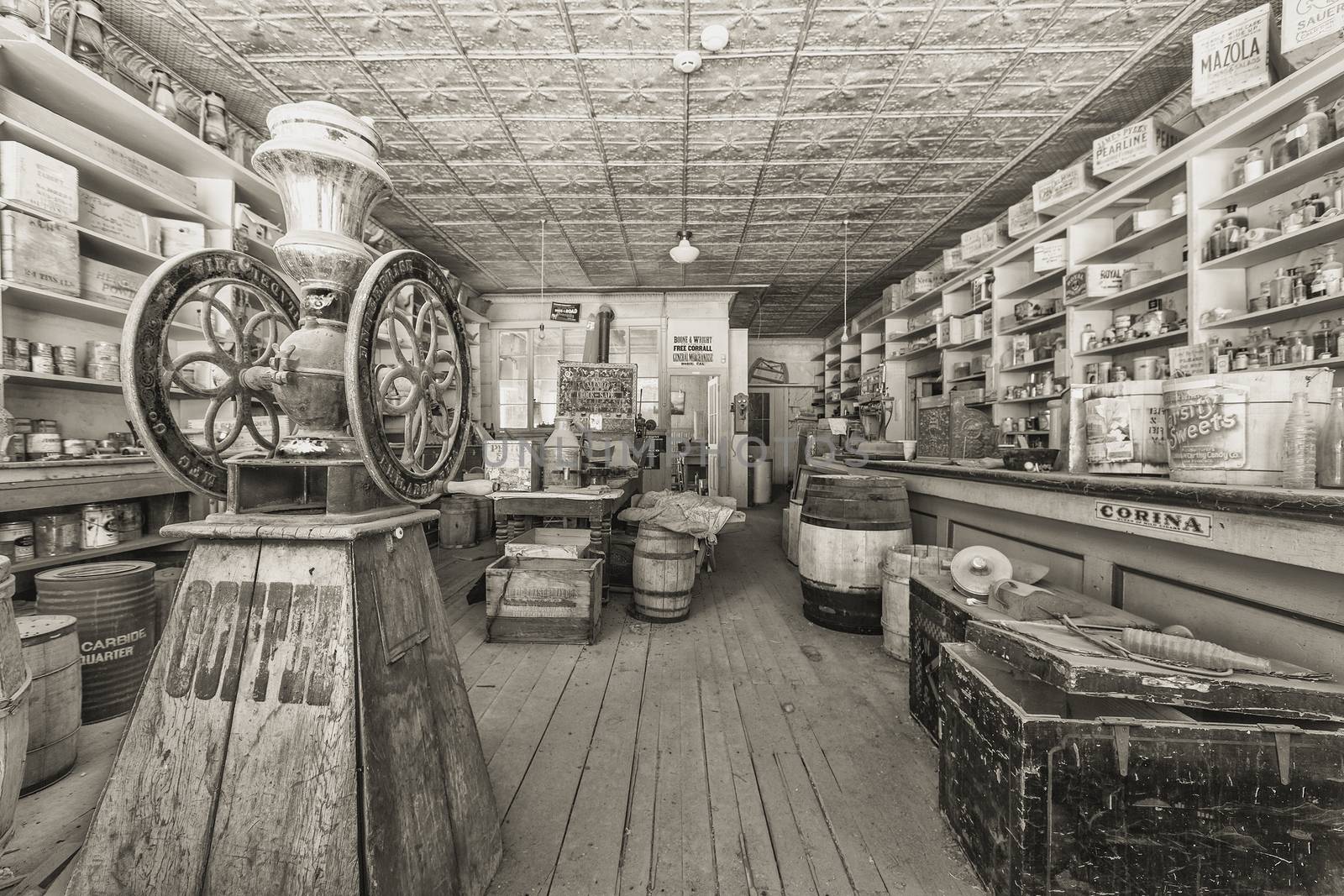 BODIE, MONO COUNTY, CALIFORNIA, USA - SEPTEMBER 22:  Historic Bodie store stocked with provisions as they appeared when it was abandoned in 1915, on September 22, 2015 in Bodie, California, USA.