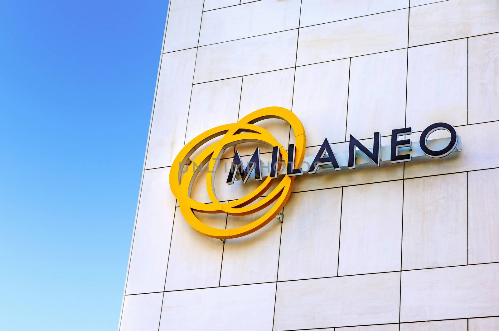 Stuttgart, Germany - November 1, 2015: Logo of the Milaneo Shopping Mall - it was opened at October 9 in 2014. It is the largest mall in South Germany.