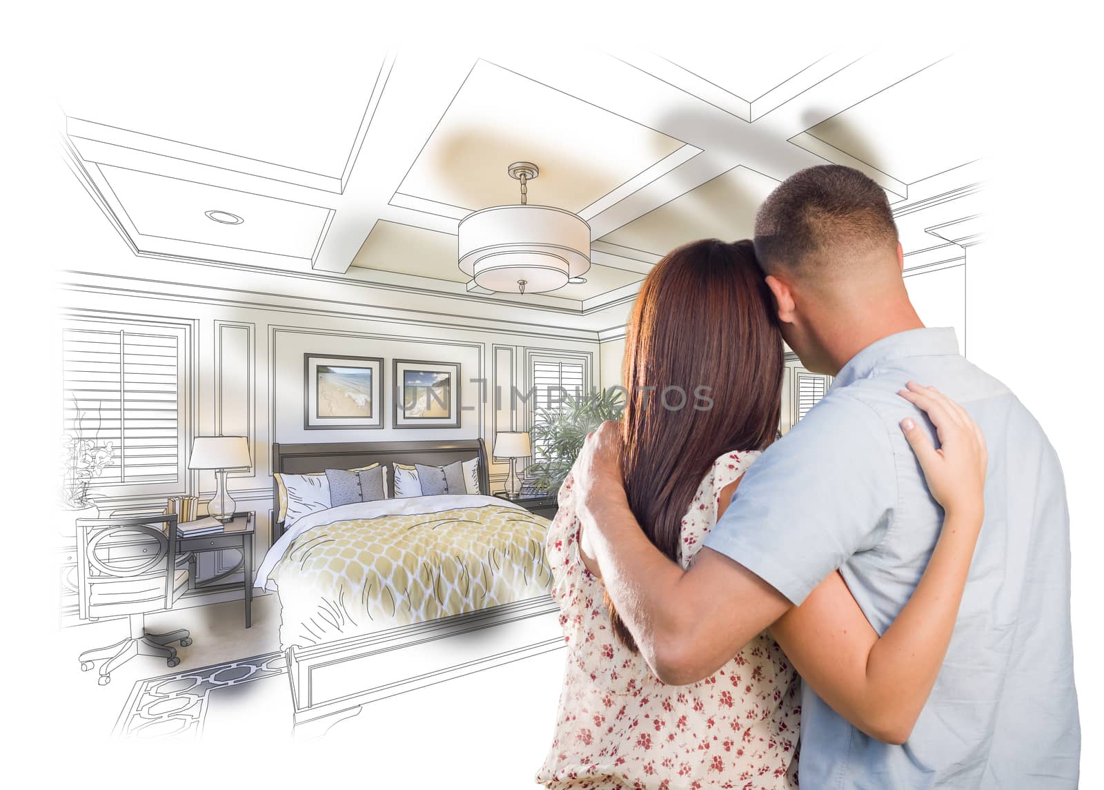 Curious Young Military Couple Looking Over Custom Bedroom Design Drawing Photo Combination.