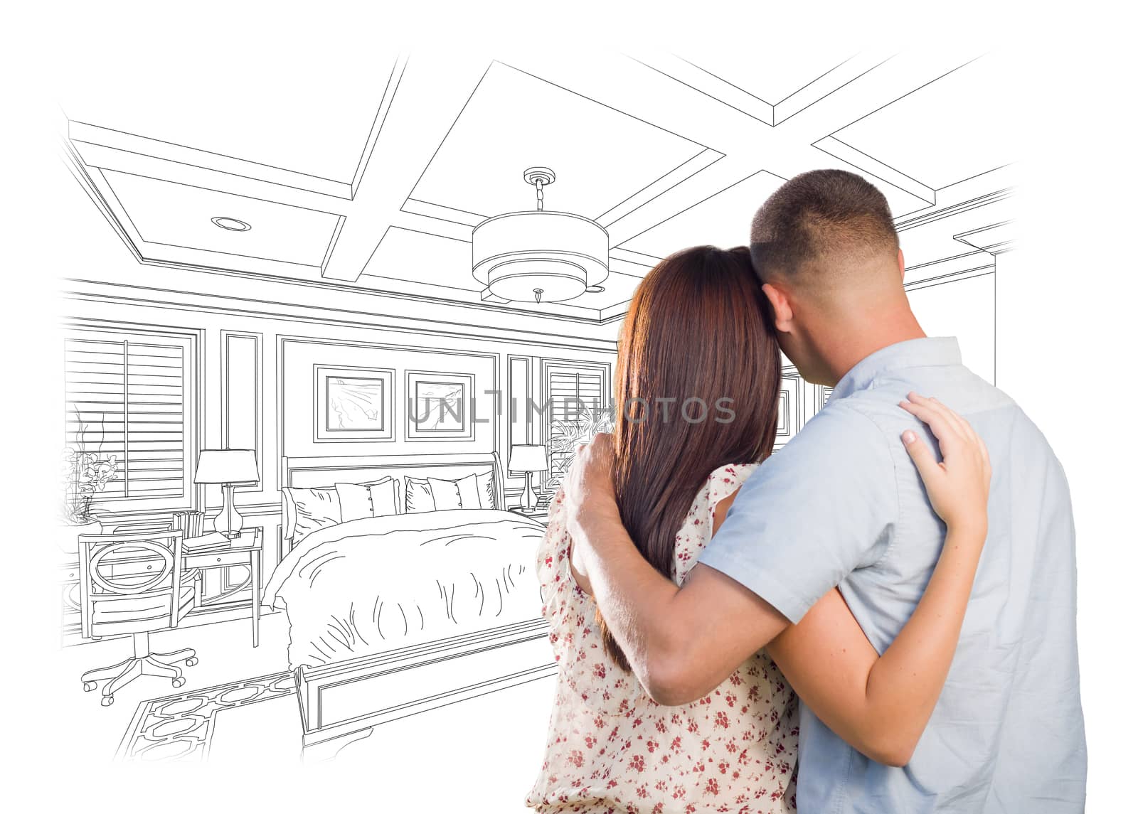 Curious Young Military Couple Looking Over Custom Bedroom Design Drawing.